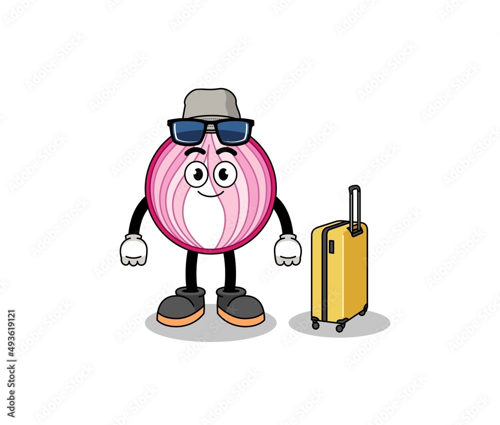 sliced onion mascot doing vacation