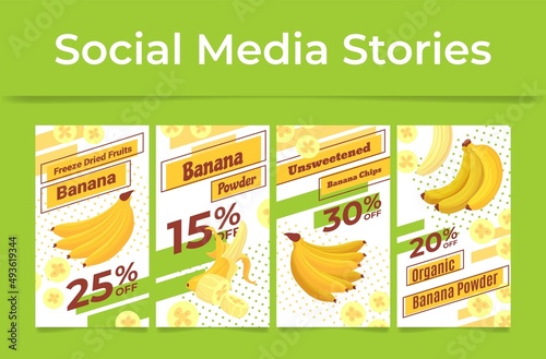 Freeze dried fruits banana internet poster social media stories collection vector illustration