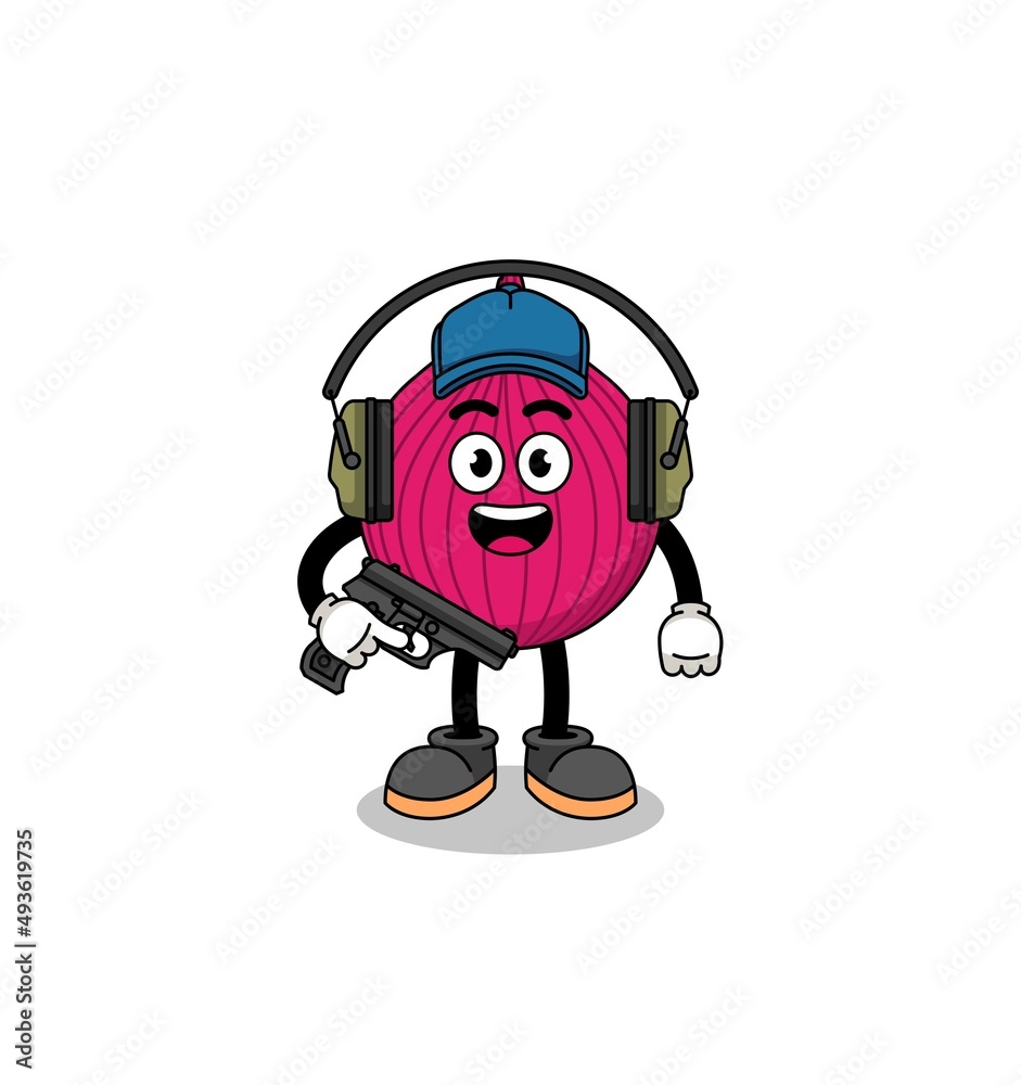 Character mascot of onion red doing shooting range