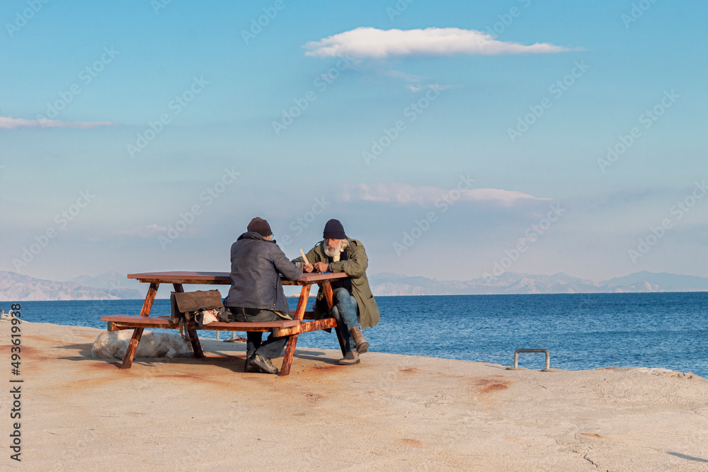 Old men sits on a bench by the sea. One man suggesting a book the other man. 