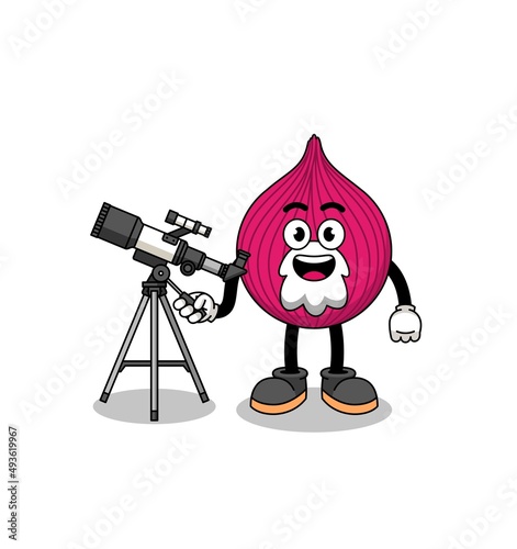 Illustration of onion red mascot as an astronomer