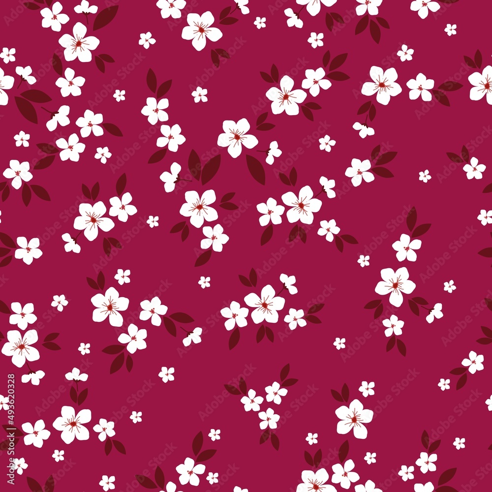 Seamless vintage pattern. Small white flowers and dark leaves. Burgundy background. vector texture. fashionable print for textiles, wallpaper and packaging.