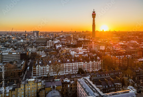 Aerial view of BT tower in London at sunset photo