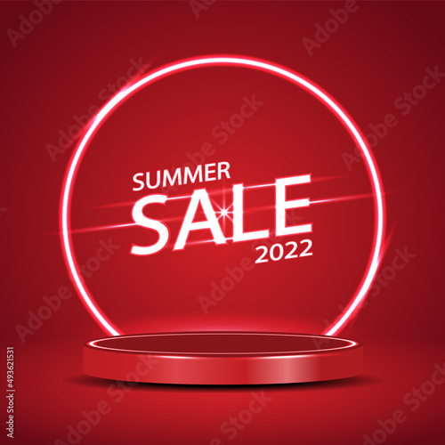 Red product display podium with fluorescent texts, Summer Sale in modern style. Vector illustration.