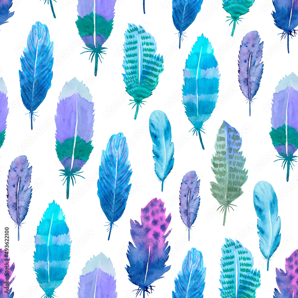 Watercolor paintings colorful seamless pattern cute feathers on white background. Blue