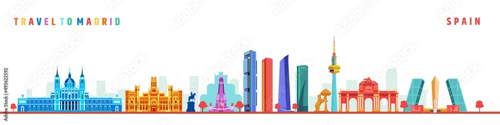 Madrid cityscape line vector, Spain. Travel flat colorful city landmark vector illustration.