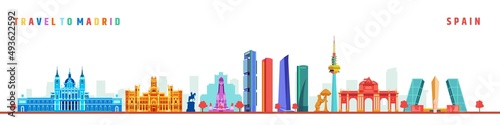 Madrid cityscape line vector, Spain. Travel flat colorful city landmark vector illustration.