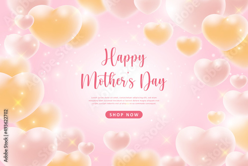 Happy mother's day yellow pink love heart ribbon with bokeh shine background