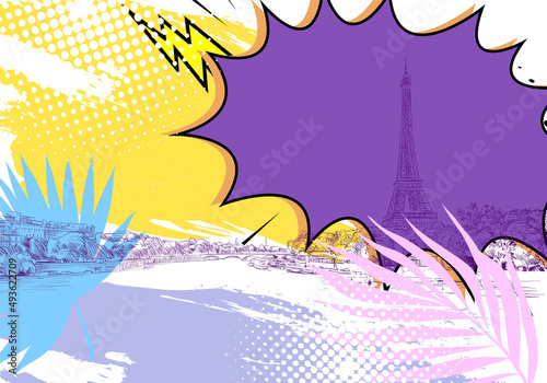 Comic book art backgrounds landscape view of the Eiffel Tower and Sena River. Paris, France. Urban sketch. Hand drawn vector illustration