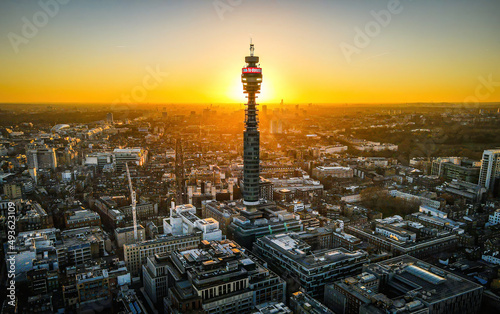 Aerial view of BT tower in London at sunset photo