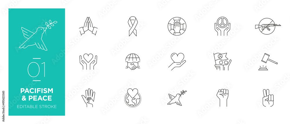 Set of Pacifism & Peace line icons - Editable stroke	
