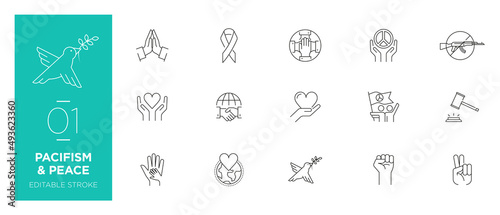 Set of Pacifism & Peace line icons - Editable stroke 