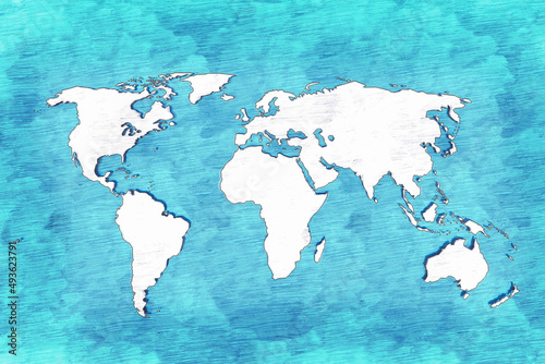.Pencil drawing white continents of the Earth on a blue background. Outline map.
