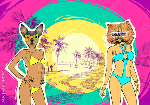 Fashion women models with animal heads in swimsuits set. Copacabana beach. Rio de janeiro. Brazil. Hand drawn city sketch. Vector illustration.