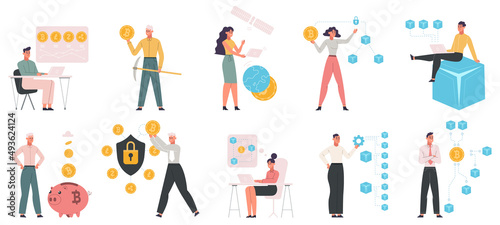 Cryptocurrency, bitcoin and blockchain data technologies. Modern digital money mining vector illustration set. Business people crypto coins mining