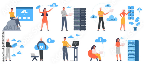 Cloud engineering, data storage, clould service server. Data cloud server, network hosting online services vector illustration set. Cloud hardware technology