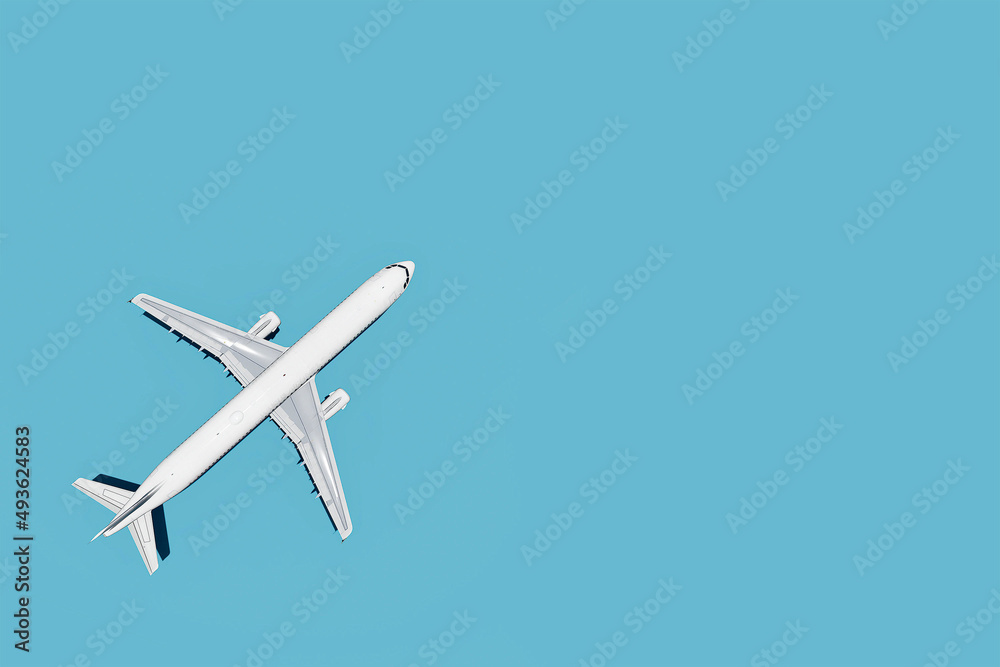 Three-dimensional model of a white plane on a blue background, 3d rendering