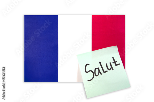 Flag France isolated on transparent background with sticker with text Hello photo