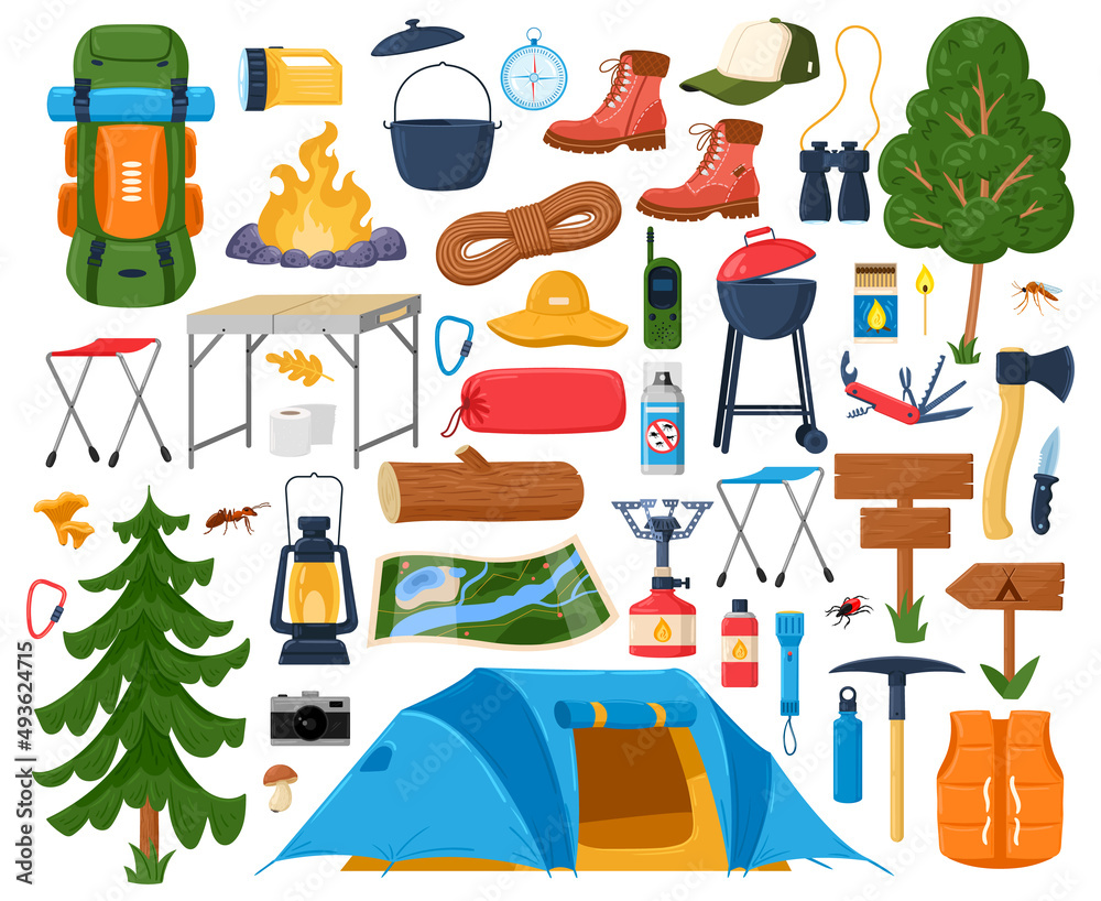 Cartoon hiking equipment, tourist camping campfire, tent and sleeping bag. Torch lighter, binoculars, barbecue grill and boots vector illustration set. Tourist elements
