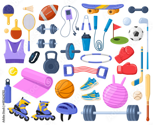 Cartoon sport equipment, fitness, athlete gym accessories. Sports inventory for baseball, football and tennis vector illustration set. Healthy lifestyle sports tools