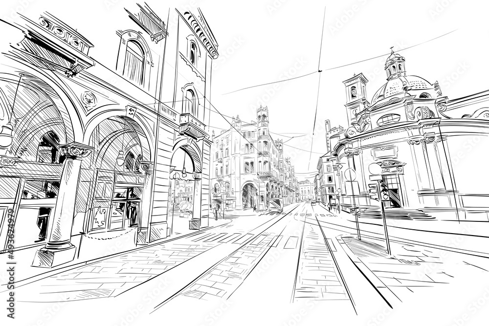 Turin. Italy. Europe. Hand drawn sketch. Vector illustration.