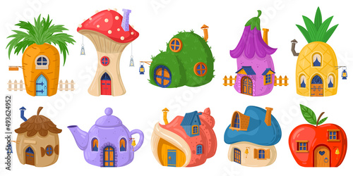 Fairy mushroom house, cartoon fairytale tiny forest house. Fairytale plants, gnomes or hobbit houses vector illustration set. Fantasy cute buildings