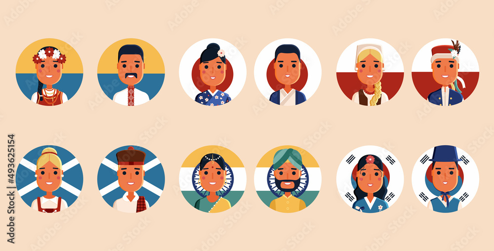 Set of 12 avatars from different countries. Ukraine, Japan, Scotland, India, Poland, Korea.Unity of countries. 6 pairs of avatars against the background of the flag of their country. User avatar icons Set of 12 avatars from different countries. Ukraine, Japan, Scotland, India, Poland, Korea.Unity of countries. 6 pairs of avatars against the background of the flag of their country. User avatar icons