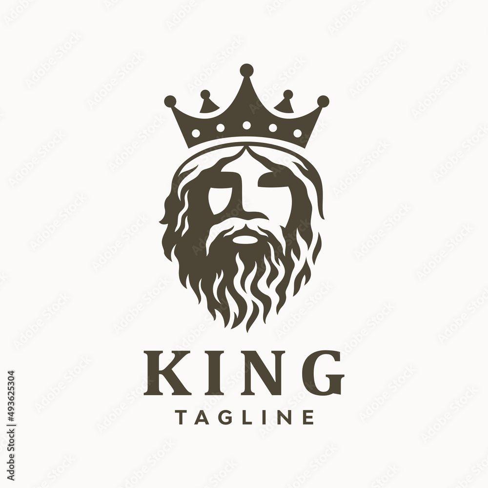 Greek old man bearded king with crown logo. Vector illustration.