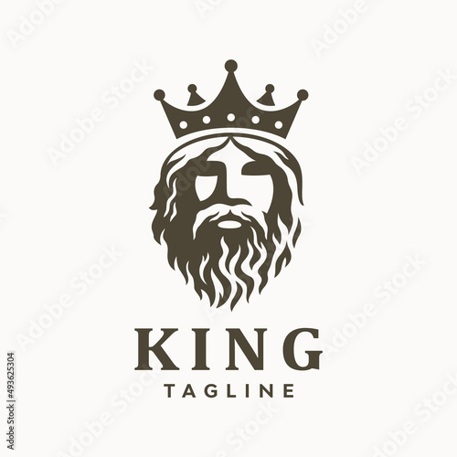 Greek old man bearded king with crown logo. Vector illustration.