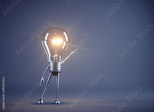 Lightbulb with human body poiting with finger.