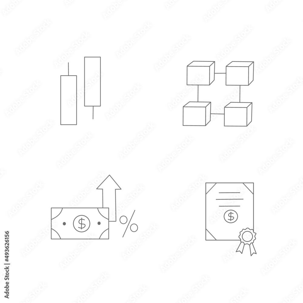 Symbols of candle stick , block chain , interest rates and bond yield . Investment icon concept . 