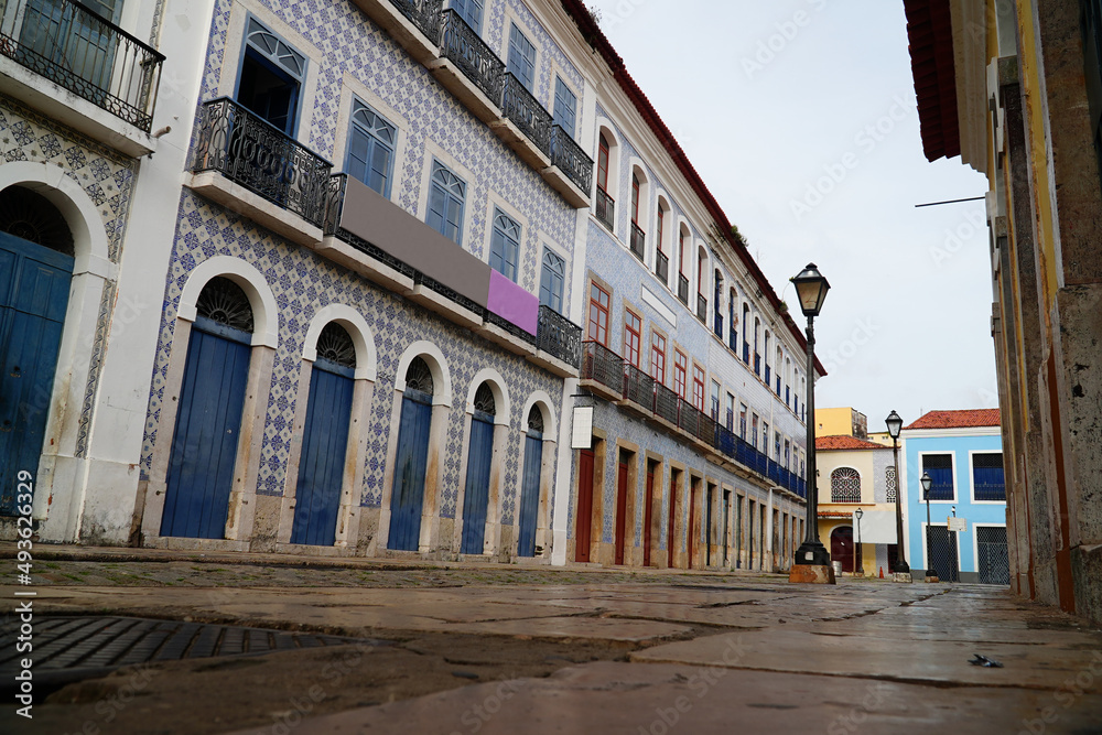 Colonial architecture in the historic center of São Luís, old Portuguese architectural style with tiles and bricks. State of Maranhão, Brazil.