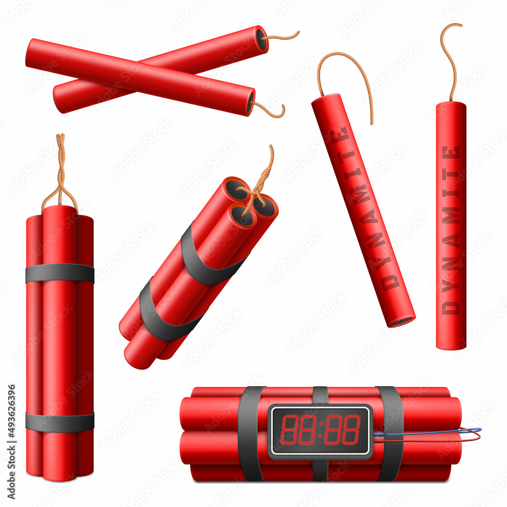 Realistic burning dynamite bomb sticks, 3d explosive red bomb with  explosion timer. Dynamite military weapon, explosive red sticks vector  illustration set. Dynamite sticks Stock Vector