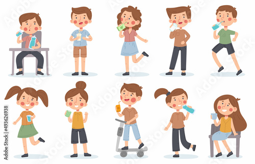Kids drink water, juice or milk, thirsty kindergarten children. Girls and boys drinking delicious drinks vector illustration set. Baby characters drinking with bottles