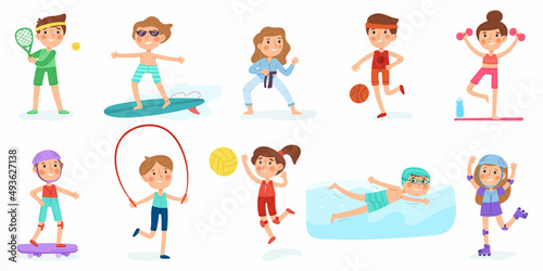 Kids sport exercise, children workout, boy and girl fitness characters. Children playing sports, swimming and tennis vector illustration set. Kids fitness mascots