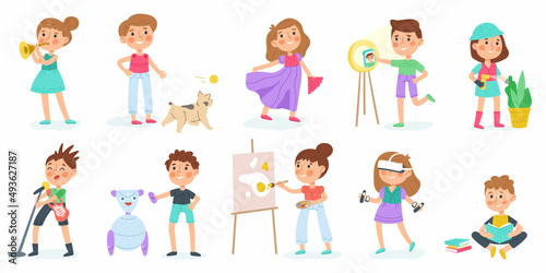 Children hobby, kids kindergarten activities, art, music and sport. Preschool boys and girls creative hobbies vector illustration set. Kids leisure activities