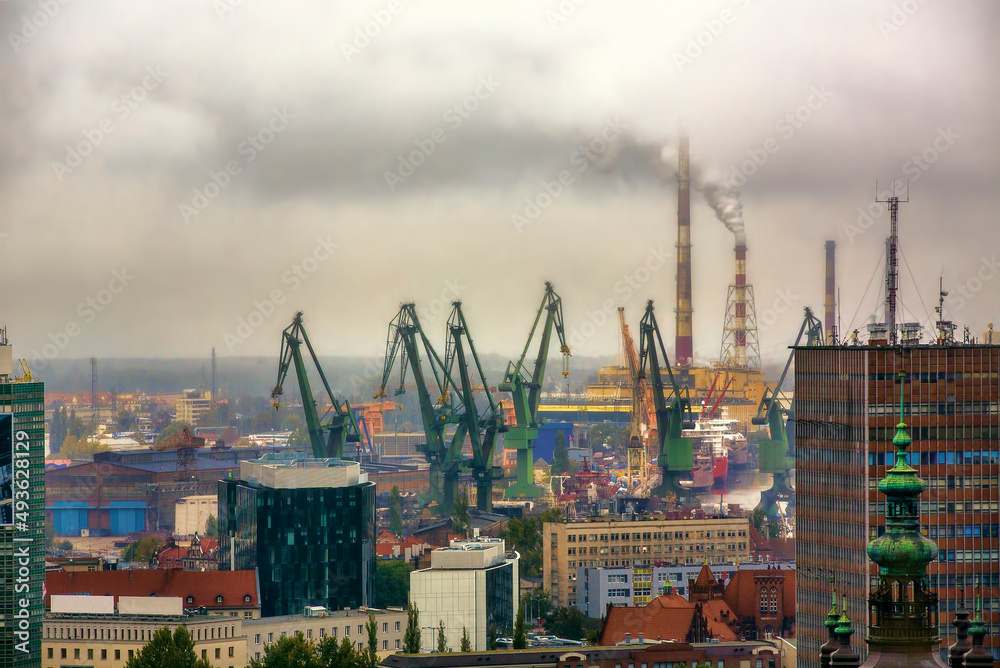 View towards the Industrial Areas with the Shipyards of Gdansk, Poland