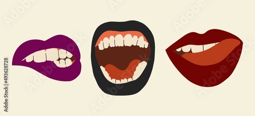 Realistic matte lips icons. Dark shades. Black, burgundy and purple. Flat design, hand drawn vector illustration for cosmetics advertising.