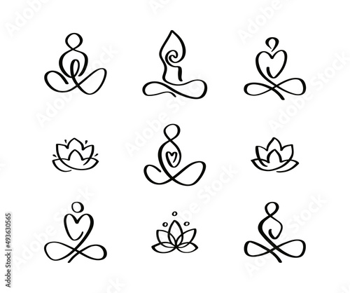 Set of linear yoga icons. Hand drawn abstract minimalist style.