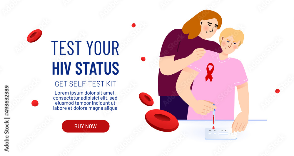 Young man and supporting woman with HIV self-test. Express home kit for self analysis. Rapid exam for AIDS prevention. Vector illustration concept for website Young man and supporting woman with HIV self-test. Express home kit for self analysis. Rapid exam for AIDS prevention. Vector illustration concept for website