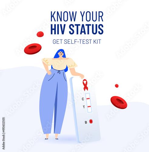Young happy woman standing big HIV self-test. Express home kit for self analysis. Rapid exam for AIDS prevention. Bright vector illustration concept