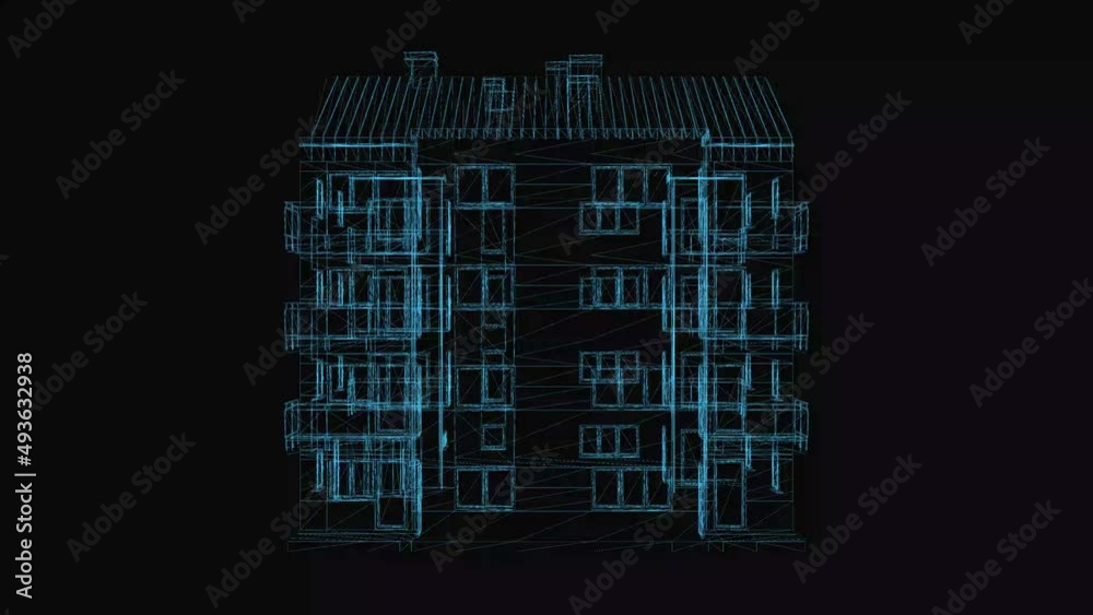 Building wireframe scheme. 3d render with blue grid lines. Loop rotation on black background. Building wireframe scheme. 3d render with blue grid lines. Loop rotation on black background.
