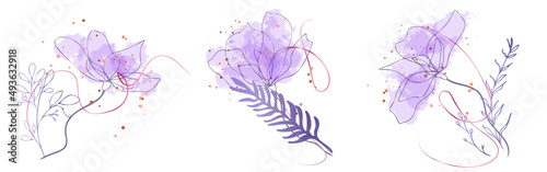 Watercolor floral illustration set - grasses, ferns and leaves for your own design. Gold ribbons and splashes. Wedding stationery, greeting cards, wallpaper or background.