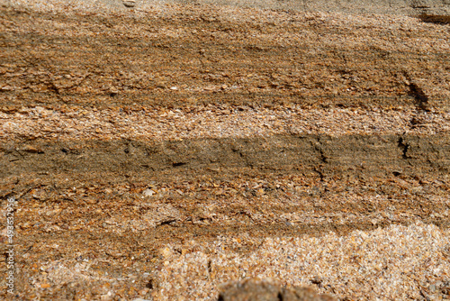 Sandy cliff. Small sandy wall. Layered sandstone walls.