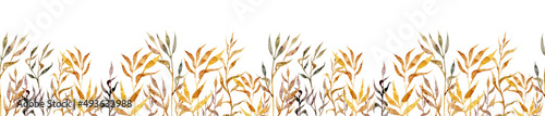 Seamless horizontal watercolor floral pattern with wheat spikelets and other dry grass hand drawn on a white background
