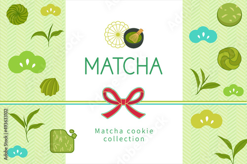 Japanese style pattern decoration background with matcha flavor cookies and tea leaves
