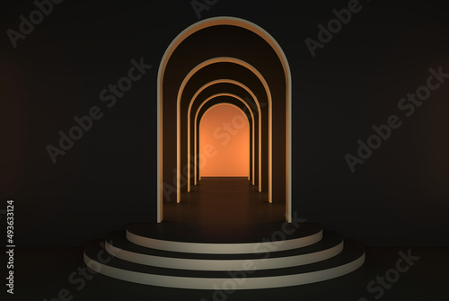 Abstract minimal geometric black arched opening with golden edges, steps and orange background; simple clean walls mockup; primitive shapes; wall niche; art deco mockup; 3d rendering, 3d illustration