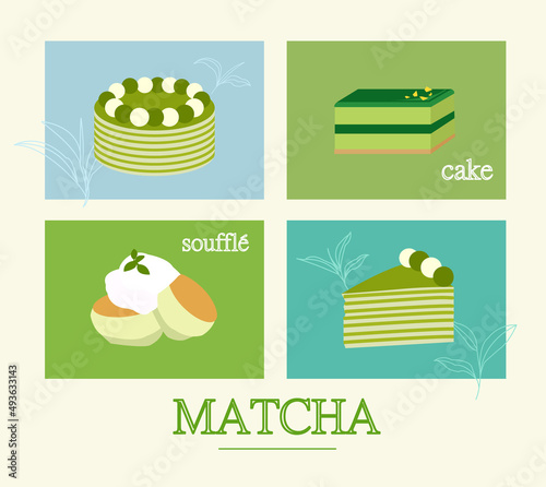 Flat illustration style French matcha dessert material set