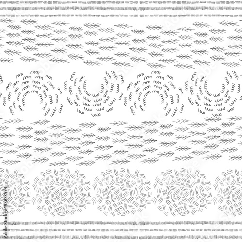 Sketch hatching abstract hand drawn horizontal seamless pattern. Linear pencil sketch, doodle collection, crossed, wavy, parallel lines, hatch graphic elements isolated on white background