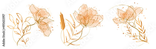 Watercolor floral illustration set - grasses, ferns and leaves for your own design. Gold ribbons and splashes. Wedding stationery, greeting cards, wallpaper or background.